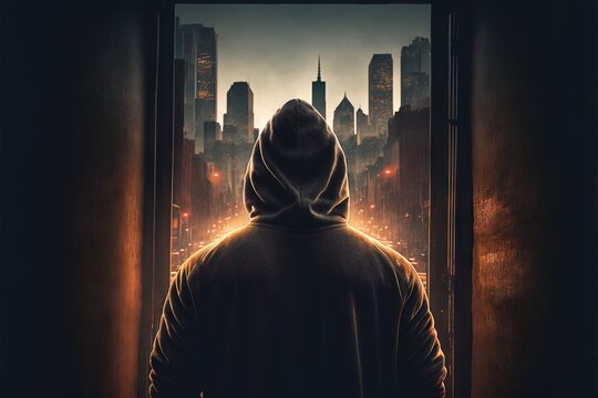  A Man In A Hooded Jacket Looking Out A Window At A City Skyline At Night With Lights On And A City Skyline In The Background.