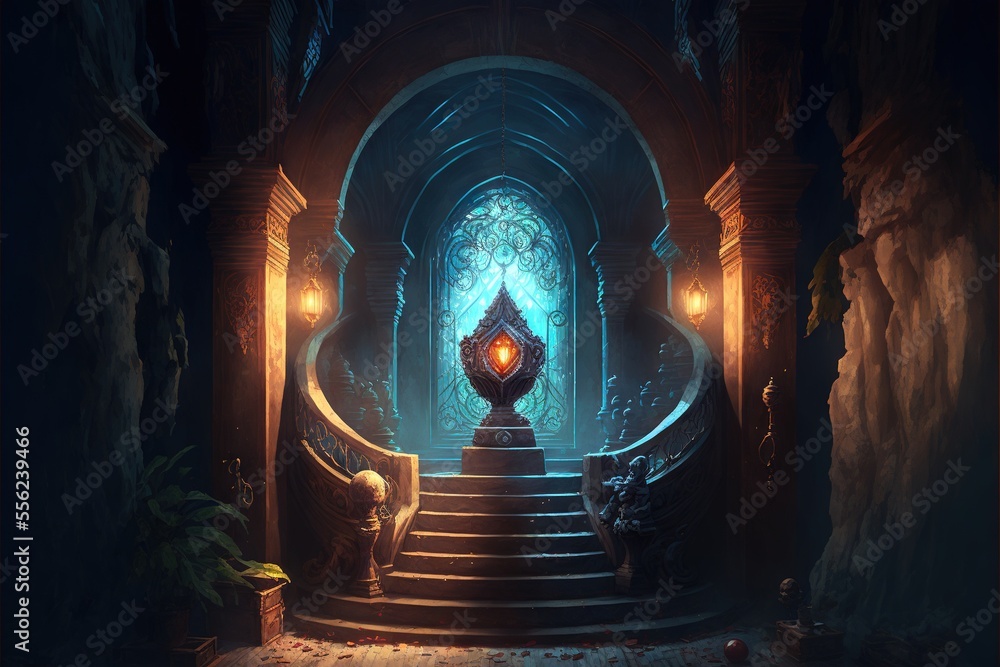 Poster a dark hallway with a staircase leading to a light at the end of the tunnel and a person standing on