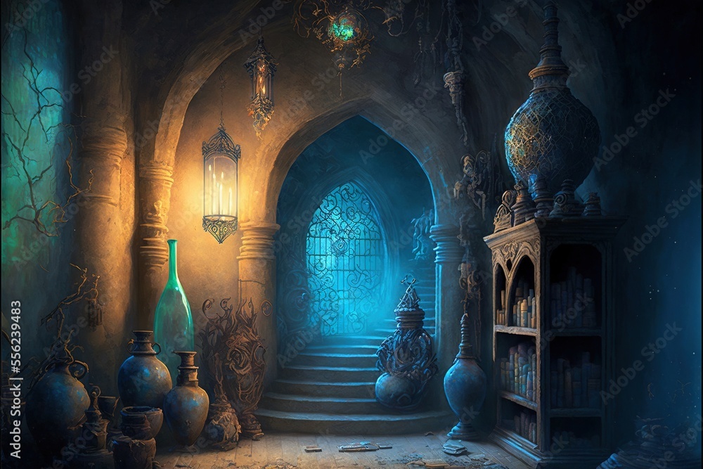 Aufkleber a painting of a dark room with a staircase and a book shelf with vases on it and a lantern. generati