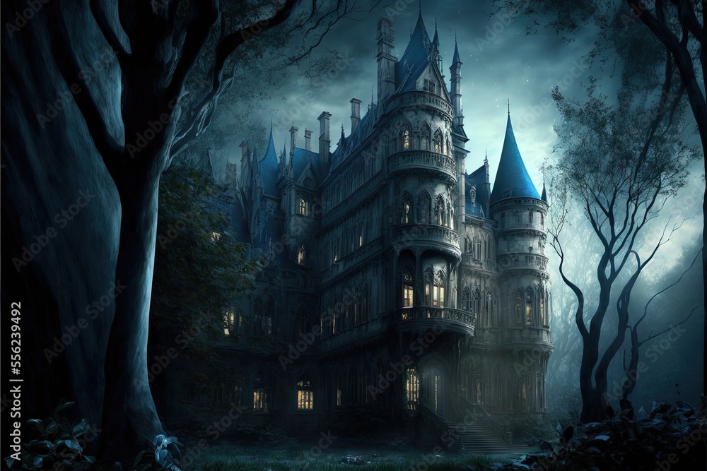 Poster a creepy castle with a creepy sky in the background and trees in the foreground. generative ai