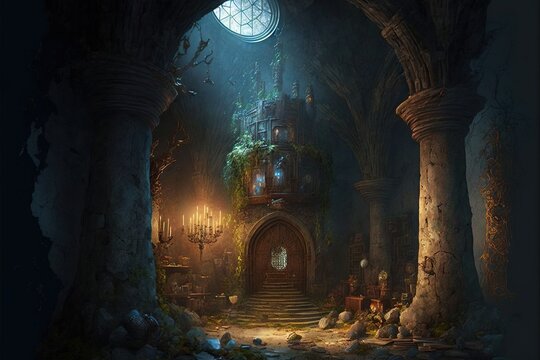  a dark fantasy setting with a clock and a staircase leading to a tower with a clock on it's side. Generative AI