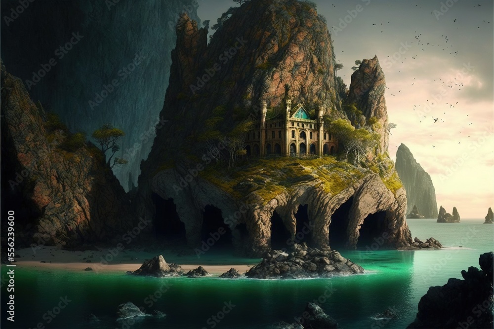 Poster a large rock formation with a building on top of it in the middle of the ocean with a mountain in th
