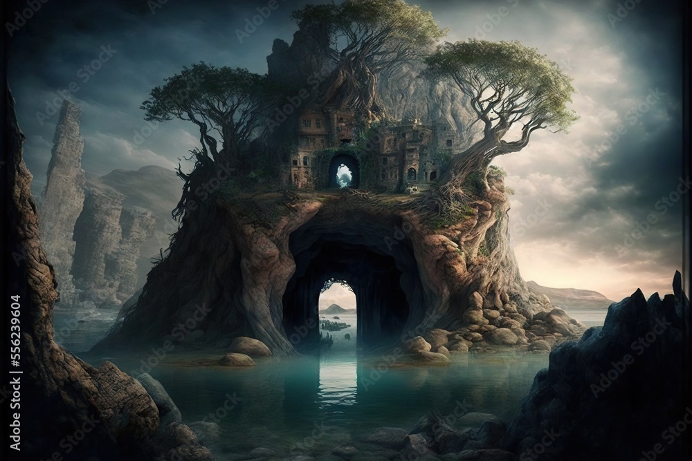 Poster a cave with a door leading to a cave in the middle of a mountain with a lake below it. generative ai