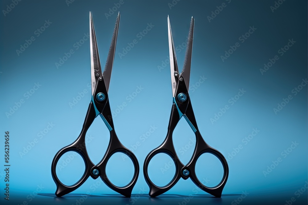 Poster  a pair of scissors with a blue background and a blue background with a blue background and a blue background with a pair of scissors with a blue background. Generative AI