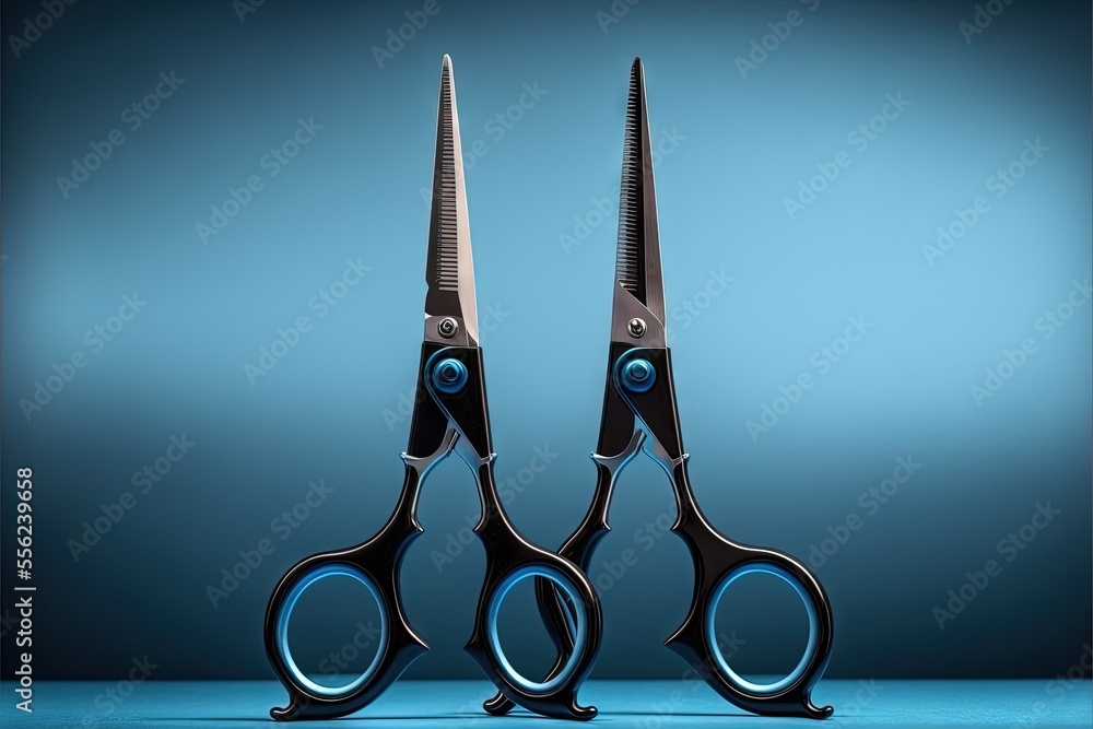 Poster a pair of scissors with a blue background and a blue background behind it. generative ai