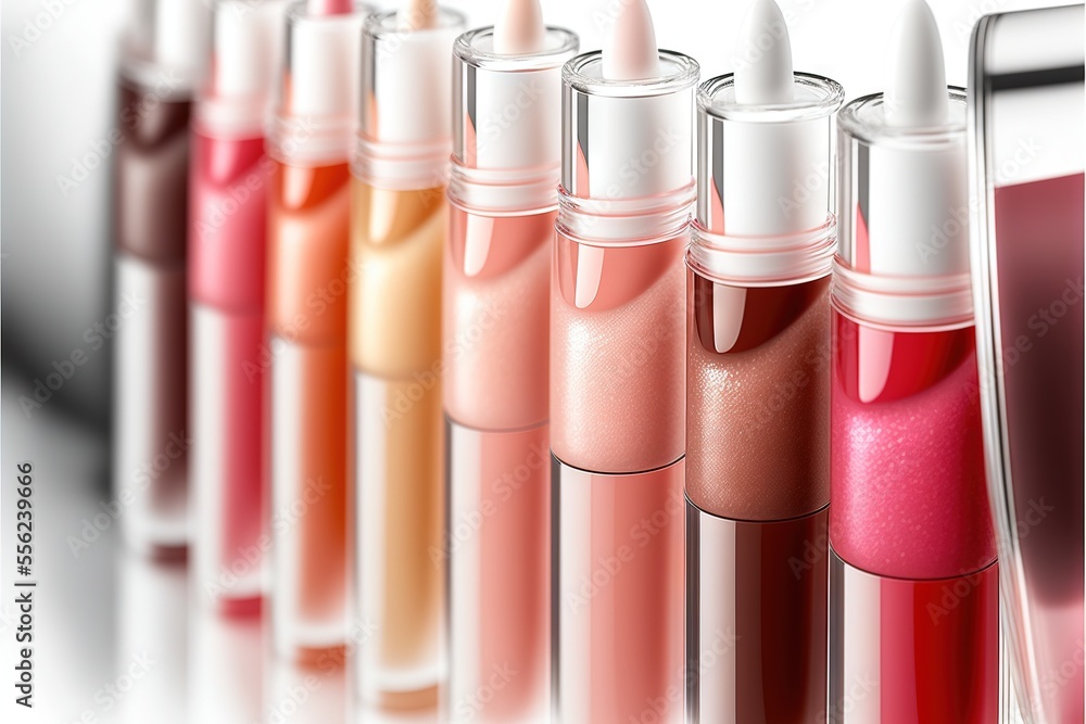 Poster a row of different colored lipsticks lined up in a row on a white background with a reflection of th