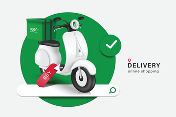 Green food bag or box is placed on a white motorcycle or scooter and all on green circle