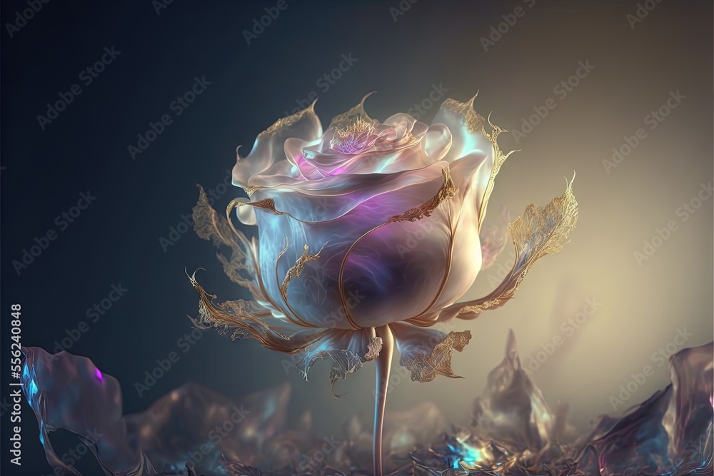 Poster a flower with a lot of water around it on a table top with a blue background and a gold leaf., gener