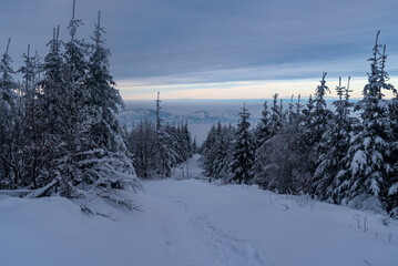 Snow covered hiking trail bellow Lysa hora hill summit in winter Moravskoslezske Beskydy mountains...