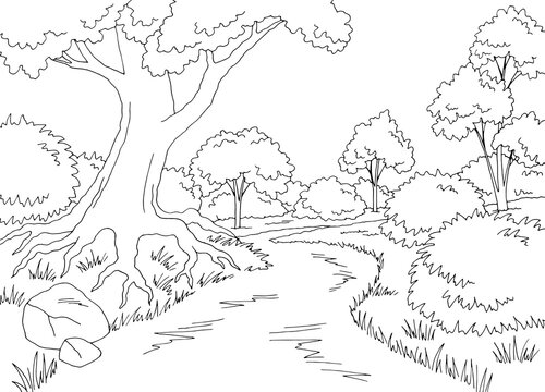 Forest road graphic black white landscape sketch illustration vector 