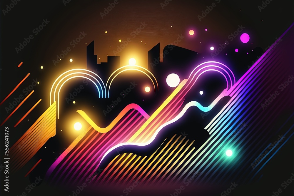 Poster a colorful abstract background with a city in the background and a neon wave coming out of the cente