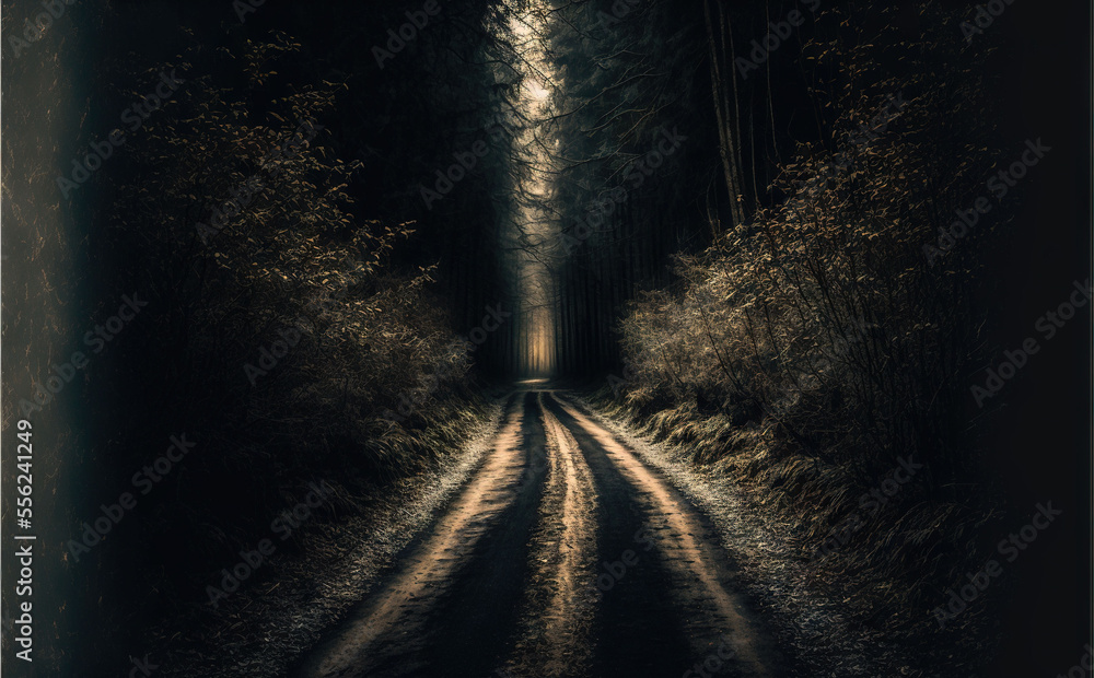 Poster a dark road with a light at the end of it and trees on both sides of the road and a dark sky above.,