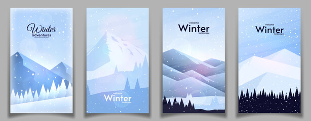 Winter season landscape. Flat style. Vector illustration. Beautiful mountains with snowfall and blizzard. Set of posters. Design for brochure, invitation, banner, postcard.