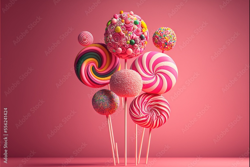 Poster a bunch of lollipops on a stick with a pink background and a pink background with a pink background.