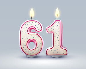 Happy Birthday years. 61 anniversary of the birthday, Candle in the form of numbers. Vector