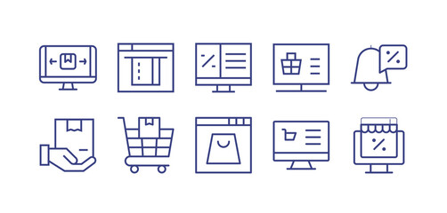 E-commerce line icon set. Editable stroke. Vector illustration. Containing delivery, online payment, discount, purchase, notification, box, shopping cart, online shopping, online shop, cyber monday.