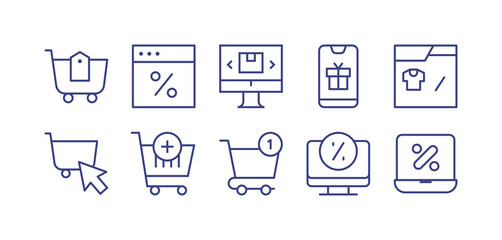 E-commerce line icon set. Editable stroke. Vector illustration. Containing shopping cart, website, online shop, phone, online shopping, cart, computer, online discount.