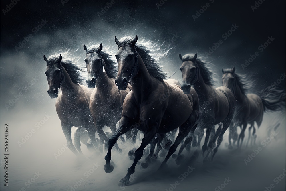 Poster a group of horses running in the snow together in a line with their heads turned to the side and the