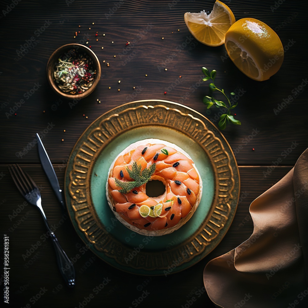 Poster a plate with a cake on it next to a fork and knife and a bowl of food on the table., generative ai