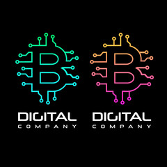 Letter B Circuit technology logo. Vector template for electronic. This logo with dot and circle symbol.