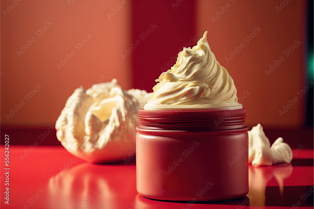 Poster a jar of whipped cream next to a container of whipped cream on a red surface with a red background. 