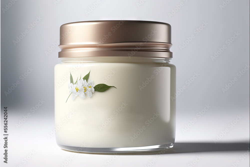 Poster a jar of cream with a flower on it sitting on a table next to a wallpapered background. generative a