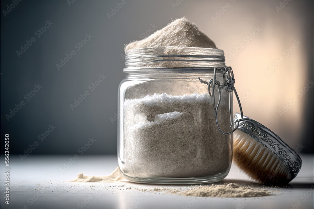 Poster a jar of white powder and a brush on a table with a gray background and a light reflection on the fl