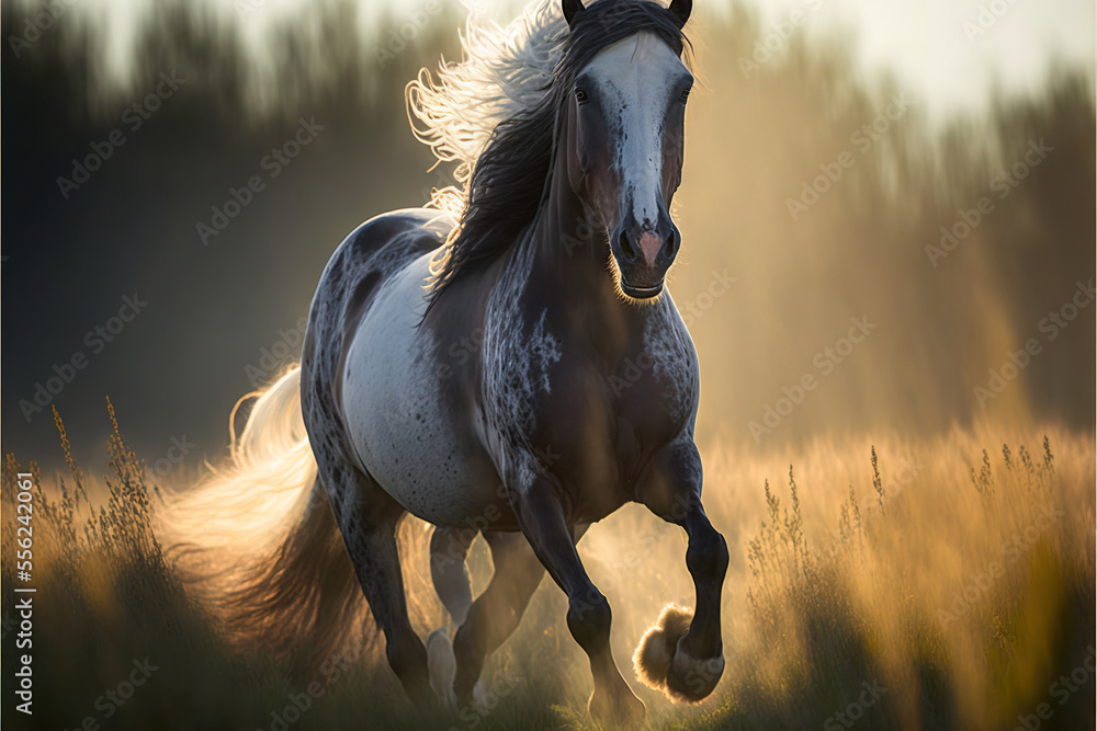 Poster a horse running through a field of tall grass with the sun shining through the trees behind it and t