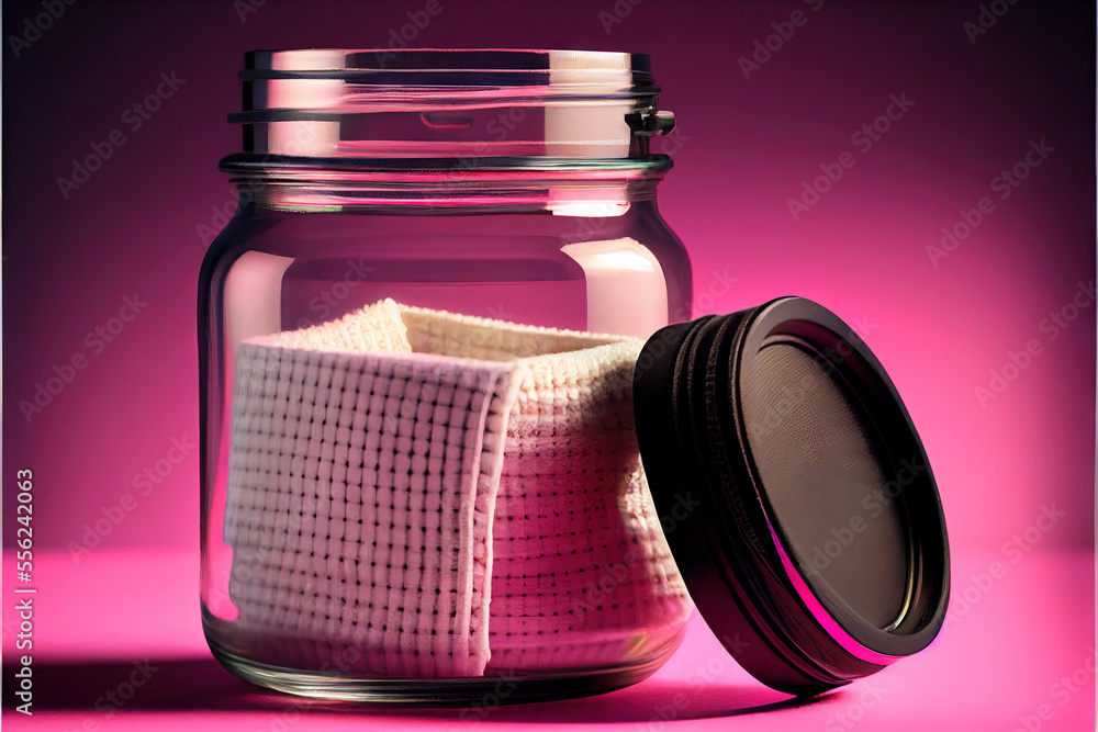 Poster a glass jar with a cloth inside of it on a pink surface with a lid on the side of the jar. generativ