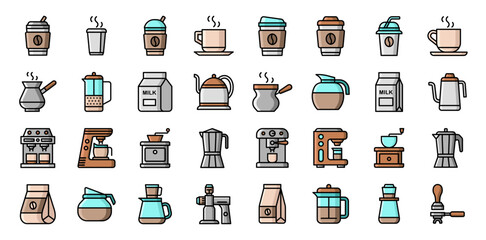 Set of Coffee Related Vector Line Icons. Contains such Icons as Cezve, Coffee Maker Machine, Beans and more. Barista icons set. coffee icon pack. Set of barista vector icons for web design