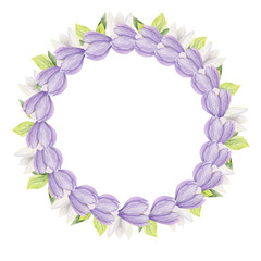 Watercolor hand drawn circle wreath with spring flowers, daffodils, crocus, snowdrops, leaves. Isolated on white background. Design for invitations, wedding, greeting cards, wallpaper, print, textile.