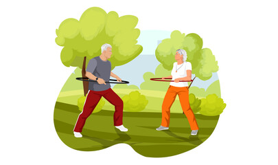 Old senior and woman couple in the morning city green park. Outdoor activity or healthy lifestyle. Elderly people in sportswear suit doing exercise with hula hoop. Cartoon isolated vector illustration © GN.STUDIO