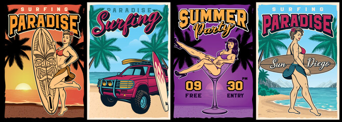 Set of vintage colour surfing posters with pin up girls, SUV car on beach