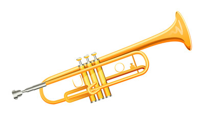 Obraz na płótnie Canvas Golden trumpet in realistic flat style isolated on white background. Large brass wind classical instrument with straight tubing. Design image for orchestra and music concert poster vector illustration