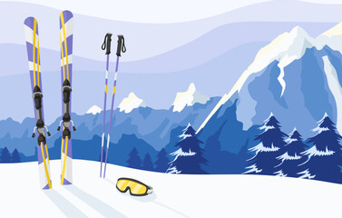 Ski equipment banner with snowy Alps peaks landscape on background. Purple yellow colors of skis, ski poles and goggle mask at snow. Ski resort poster with top of mountains hills. Vector illustration - obrazy, fototapety, plakaty