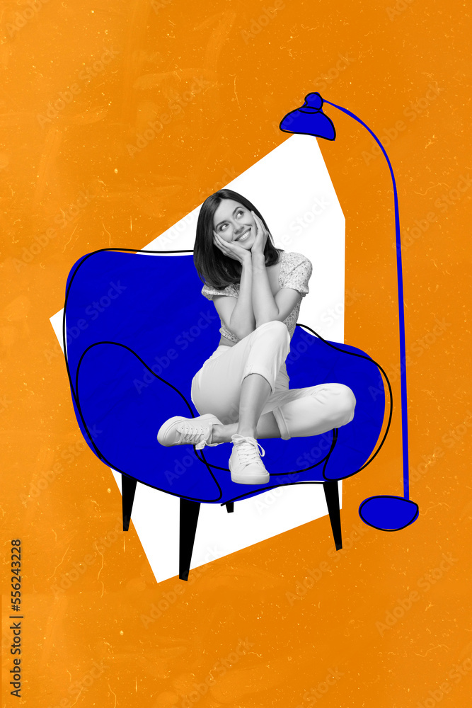 Poster vertical collage portrait of positive minded black white gamma girl sit drawing armchair think dream