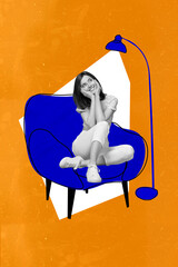 Vertical collage portrait of positive minded black white gamma girl sit drawing armchair think...
