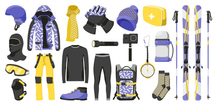 Winter sportswear flat icons set. Different equipment for skiing. Skis, goggles, ski suit, helmet, underwear clothes and warm socks. Clothes collection for active travel. Isolated vector illustrations