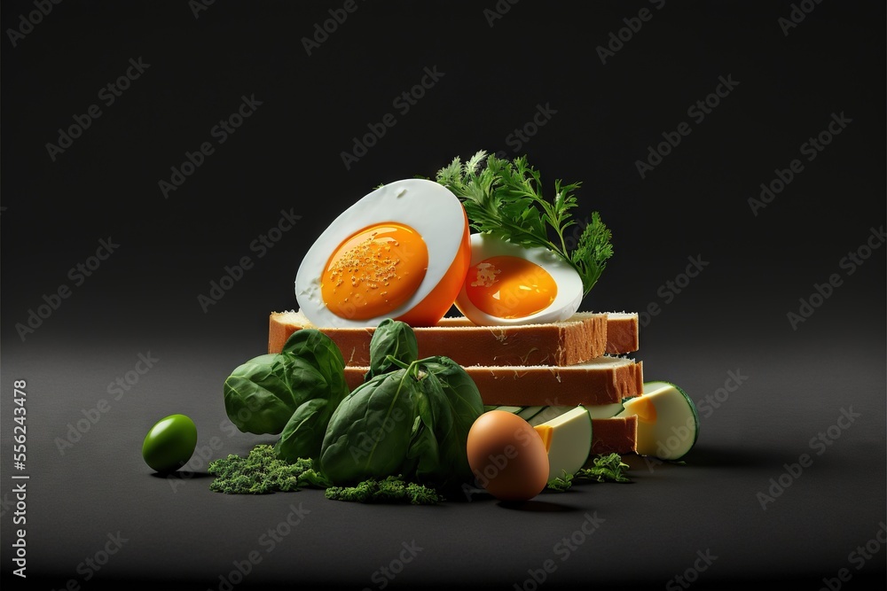 Aufkleber a pile of food with eggs and vegetables on it on a black background with a black background behind i