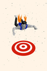 Vertical creative photo collage of handsome active man flying jetpack behind back target darts...