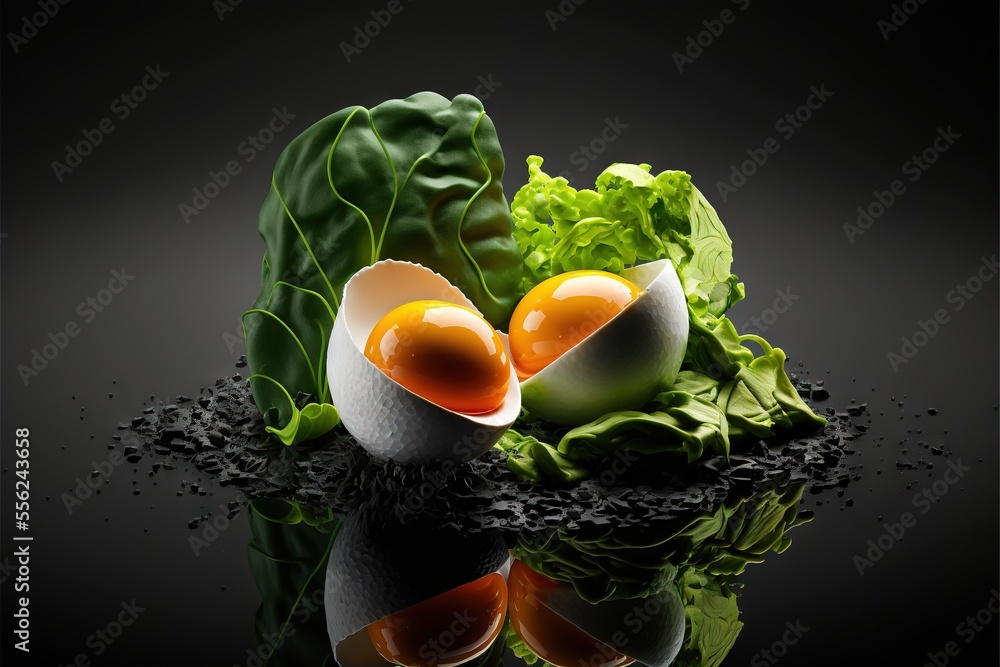 Poster a group of vegetables with eggs in them on a black surface with water droplets around them and a bla