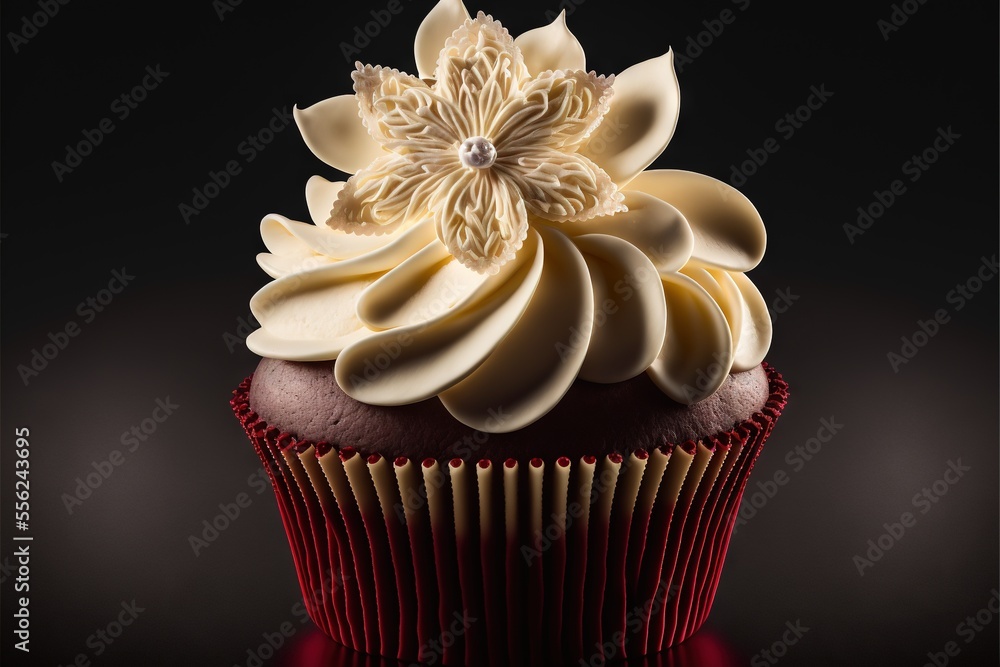Poster a cupcake with a flower on top of it on a table with a black background and a red cupcake liner., ge