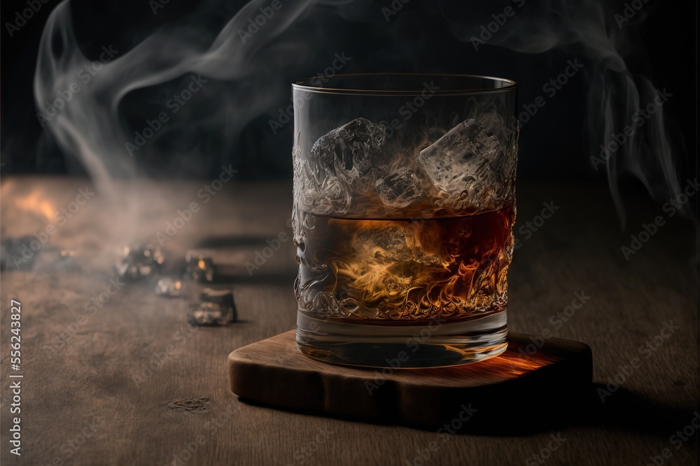 Poster a glass of whiskey with ice and steam rising from it on a wooden table with dices of dices., generat