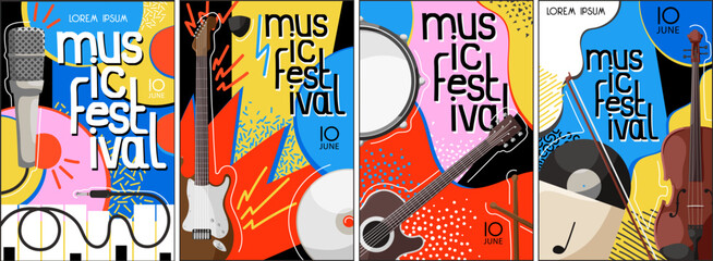 Music festival colorful banner. Poster for a summer live music in jazz party. Flyer in creative style with classic sound. Template design. Drawing for event background and card. Vector illustration