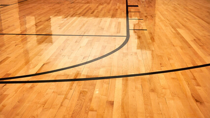 Interior of empty modern basketball indoor sport court, semigloss coating wooden floor, artificial lights reflected - Powered by Adobe