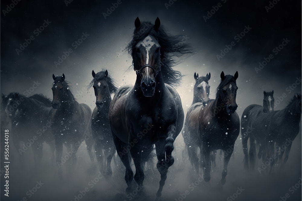 Poster a group of horses running in the snow together in the night sky with a full moon behind them and a b