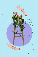 Collage photo of abstract surrealism growth green beautiful natural organic bush flowers on wooden...