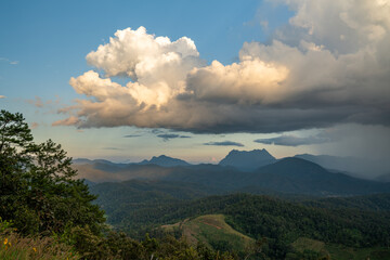 Majestic view of Doi Luang Chiang Dao in northern Thailand, the third highest mountain in Thailand, seen with beautiful dramatic clouds and colorful sky
