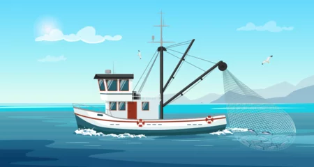 Foto op Canvas Commercial fishing ship with full fish net. Fishing boat with fisherman working in ocean catching by seine sea food: tuna, herring, sardine, salmon. Industry vessel in seascape. Vector illustration © GN.STUDIO