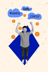 Collage photo of young overjoyed excited businessman raise fists up celebrate first profit his company startup isolated on painted background